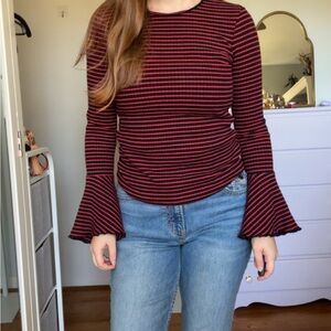 Zara red and navy striped bell sleeve top
